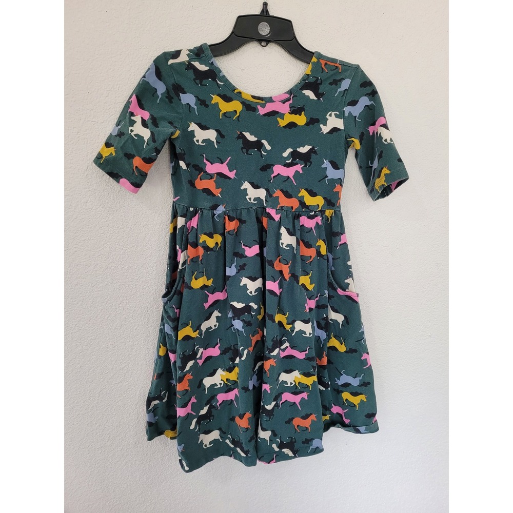 Hanna Andersson Girls Teal Unicorn Print Pocket Dress Size 10 Short Sleeve #3